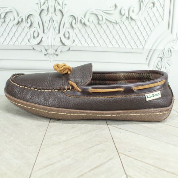 LL Bean Brown Leather Cotton Flannel-Lined Handsewn Slippers Size 8 M - Picture 1 of 9